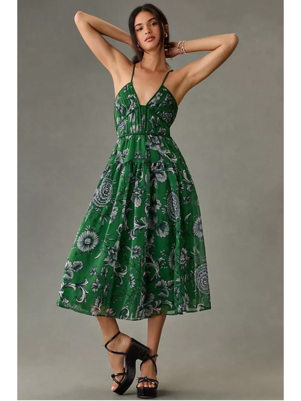 Women's Anthropologie Green Floral Midi Dress Size M